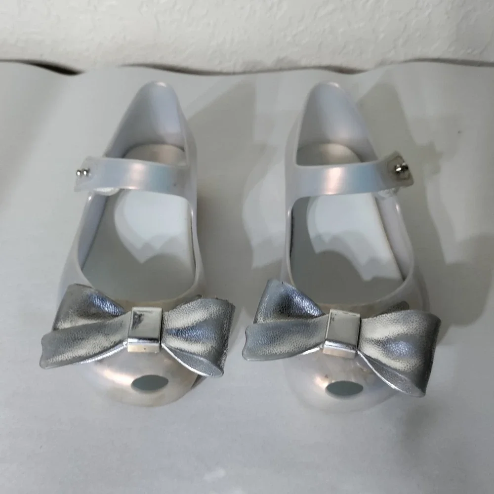 Mini Melissa Ultragirl Bow Jelly Shoes Silver Pearlescent Mary Janes Size 11